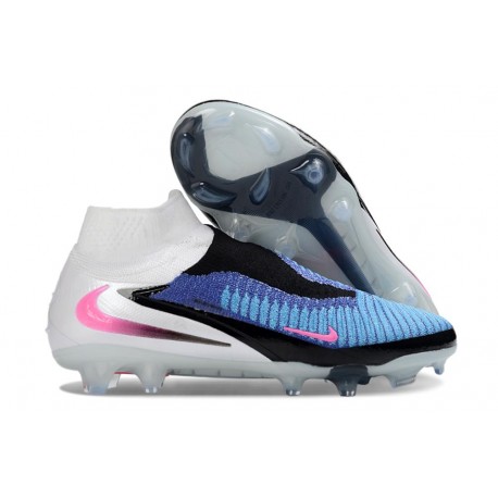 Nike Crampons Phantom 6 Elite High FG Bleu Rapide Rose Explosif Blanc